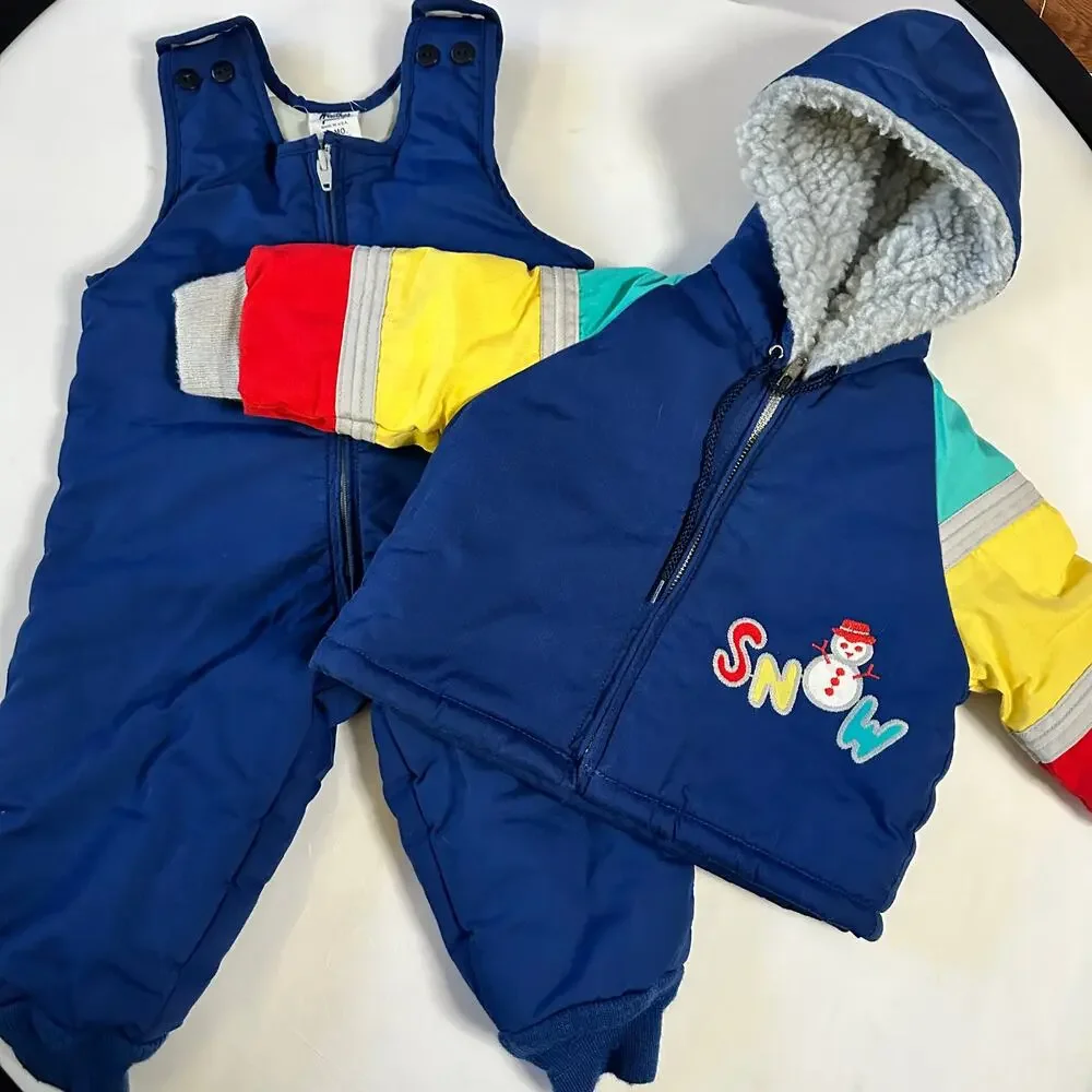 Vintage 80s Weather Tamer Color Block Snowman Winter Jacket & Bib Set Snowsuit